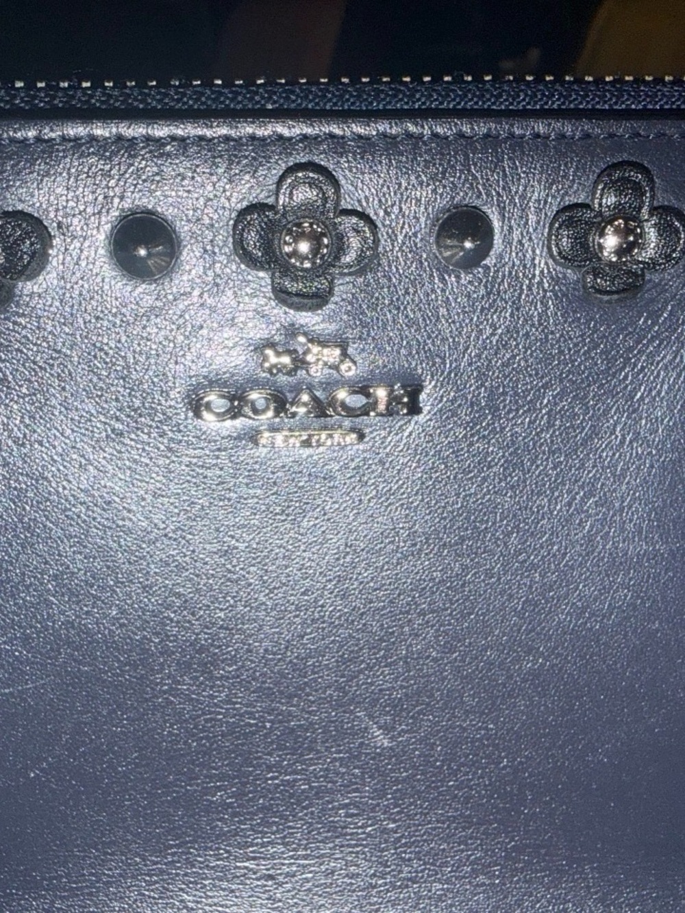 Coach Navy Leather Zip Pouch with Floral Stud Details